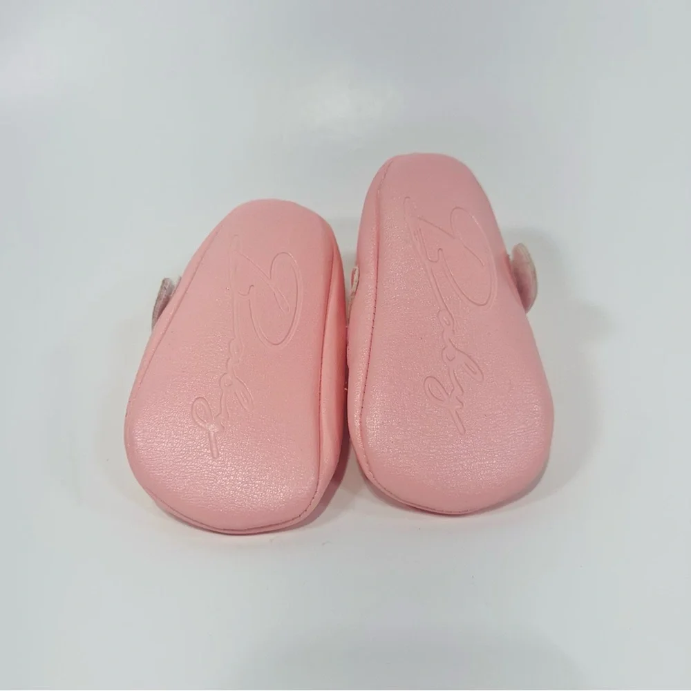 Pink Baby Shoes with Bow & Hearts (Size 6-12 Months)